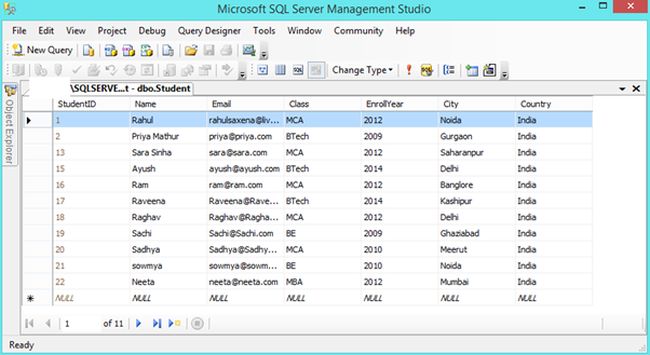 CRUD operation on Student table